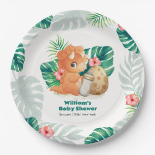 Tropical Flower Hatching Dinosaur Baby Shower Paper Plate