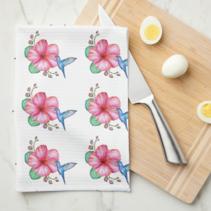 Tropical Flower Hummingbird White Tea Towel
