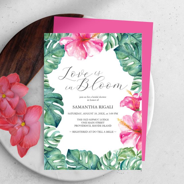 Tropical Flower Love Is In Bloom Bridal Shower Invitation (Love is in bloom bridal shower invitation pink watercolor hibiscus flowers by Victoria Grigaliunas)