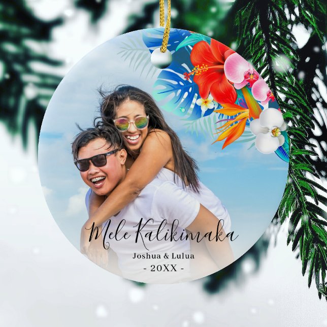 Tropical Flower Mele Kalikimaka Christmas Photo Ceramic Tree Decoration (Creator Uploaded)