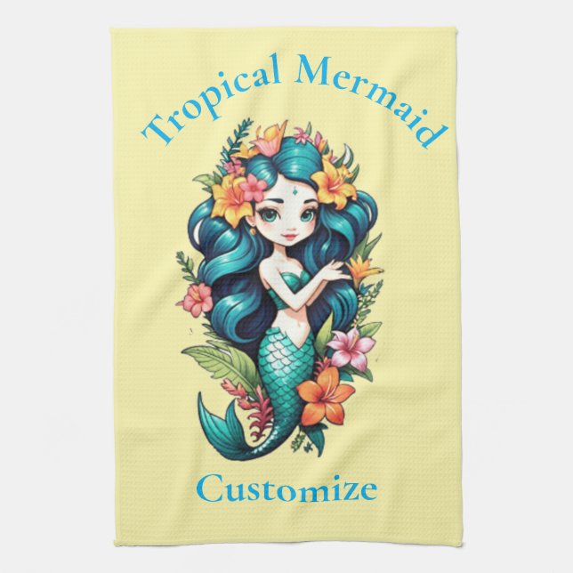 Tropical Flower Mermaid Thunder_Cove Tea Towel (Vertical)