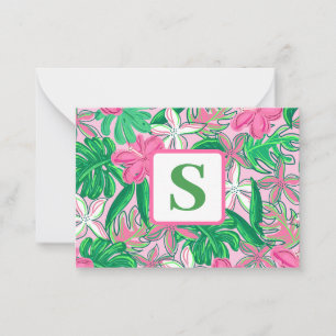 Tropical Flower Monogram Pink White Green Preppy Card