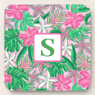 Tropical Flower Monogram Pink White Green Preppy  Coaster