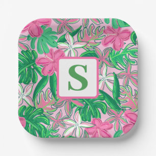 Tropical Flower Monogram Pink White Green Preppy Paper Plate