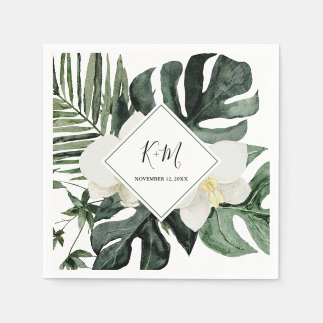 Tropical Flower Orchid Monstera Watercolor Wedding Napkin (Front)
