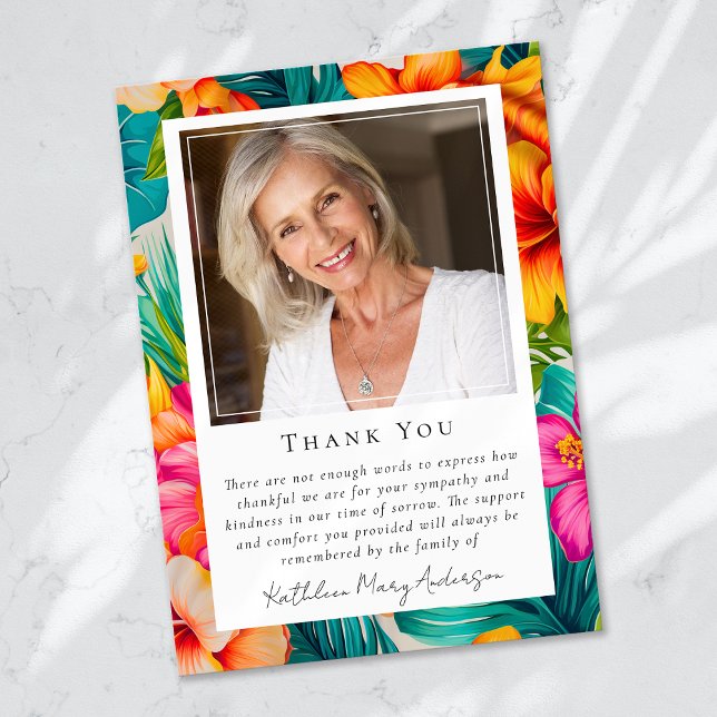 Tropical Flower Photo Keepsake Funeral Memorial Thank You Card (Creator Uploaded)