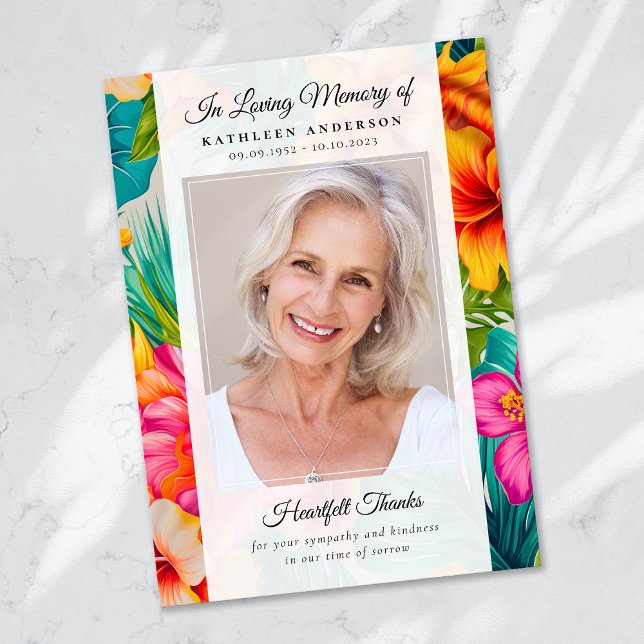 Tropical Flower Photo Keepsake Funeral Memorial Thank You Card (Creator Uploaded)