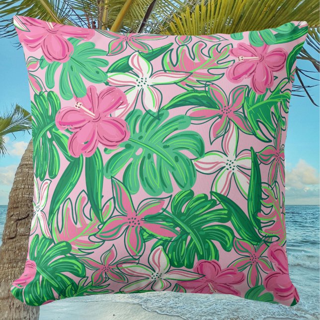 Tropical Flower Pink White Green Preppy  Cushion (Creator Uploaded)
