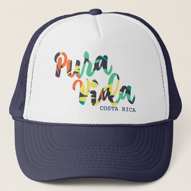 Tropical Flower "Pura Vida" Costa Rica Souvenir Trucker Hat (Front)