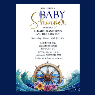 Tropical Flower Sailing Wheel Boy Baby Shower Invitation