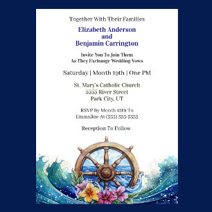 Tropical Flower Sailing Wheel Nautical Wedding Invitation
