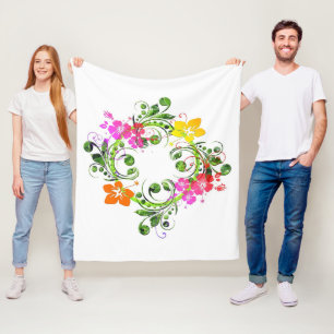Tropical flower wreath hibiscus pink green orange  fleece blanket