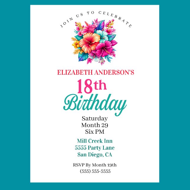 Tropical Flowers 18th Birthday Invitation (Pretty Tropical Flowers 18th Birthday Invitation For Girls)