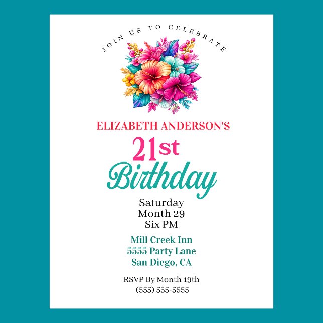 Tropical Flowers 21st Birthday Invitation (Tropical Flowers 21st Birthday Invitation For Women.  )