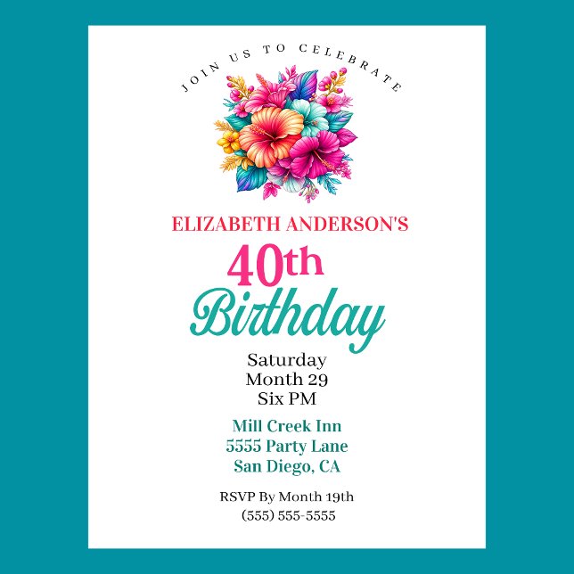 Tropical Flowers 40th Birthday Invitation (Tropical Flowers 40th Birthday Invitation For Women.  )