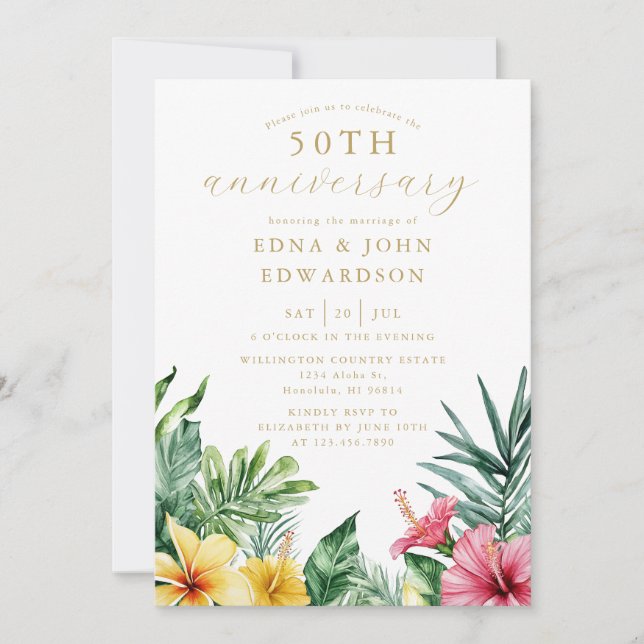 Tropical Flowers 50th Wedding Anniversary Invitation (Front)