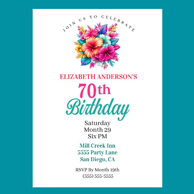 Tropical Flowers 70th Birthday Invitation (Tropical Flowers 70th Birthday Invitation For Women.)