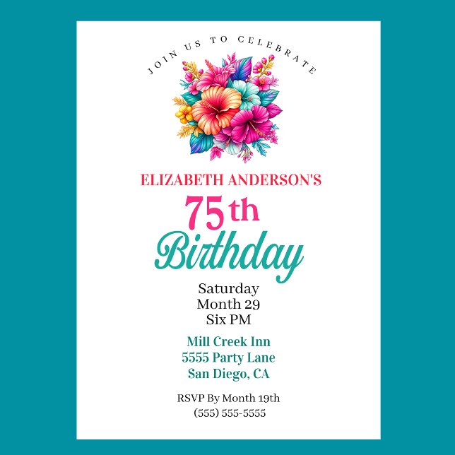 Tropical Flowers 75th Birthday Invitation (Tropical Flowers 75th Birthday Invitation For Women.)