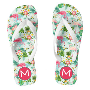 Tropical Flowers And Birds   Add Your Initial Jandals