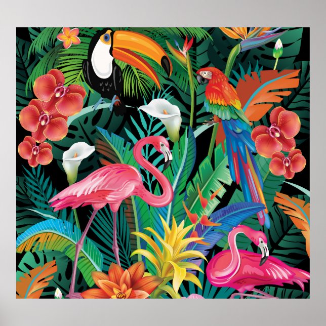 Tropical flowers and birds composition. poster (Front)