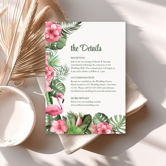 Tropical Flowers and Flamingo Wedding Details Card (Tropical Flowers and Flamingo Wedding Details Card on sunny boho table.)