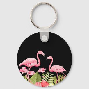 Tropical Flowers and Flamingos Design Key Ring