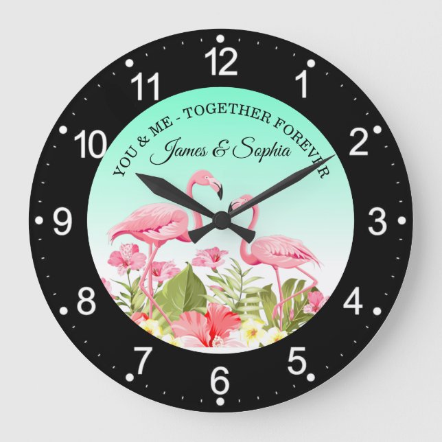 Tropical Flowers and Flamingos Design Large Clock (Front)