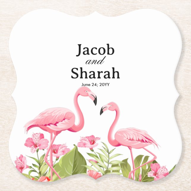 Tropical Flowers and Flamingos Design Paper Coaster (Front)