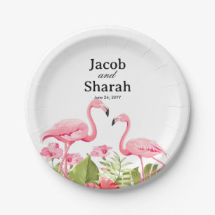 Tropical Flowers and Flamingos Design Paper Plate