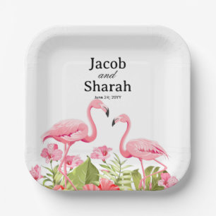 Tropical Flowers and Flamingos Design Paper Plate