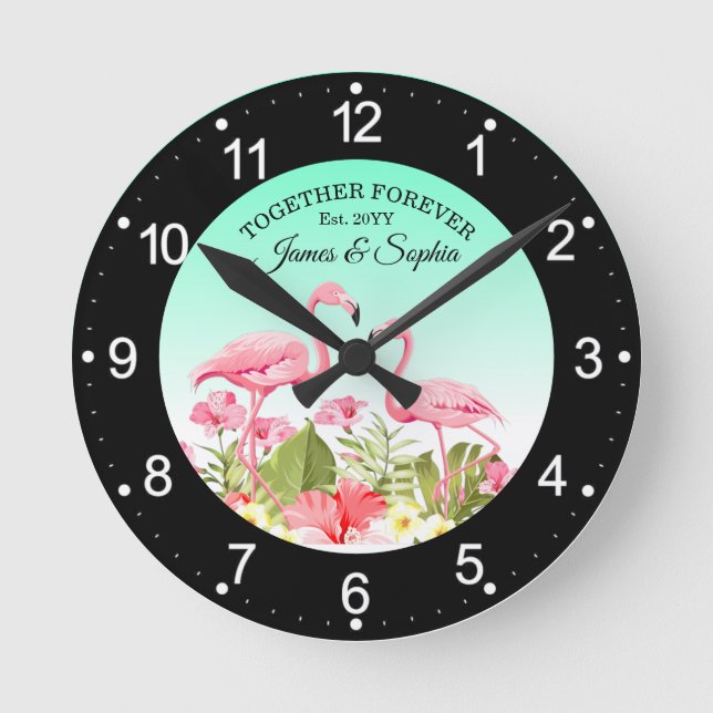 Tropical Flowers and Flamingos Design Round Clock (Front)
