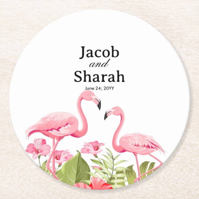 Tropical Flowers and Flamingos Design Round Paper Coaster (Front)