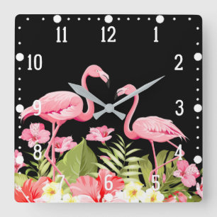 Tropical Flowers and Flamingos Design Square Wall Clock
