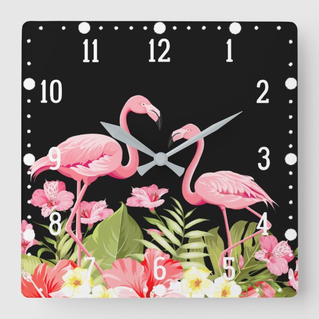 Tropical Flowers and Flamingos Design Square Wall Clock (Front)