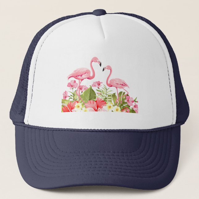 Tropical Flowers and Flamingos Design Trucker Hat (Front)