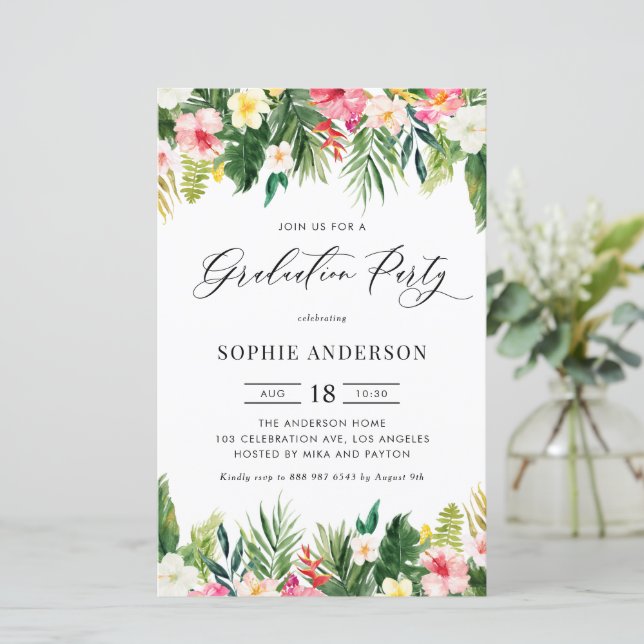 Tropical Flowers and Greenery Birthday Invitation (Standing Front)