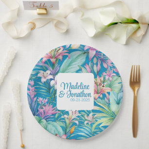 Tropical Flowers and Greenery Simple Beach Wedding Paper Plate