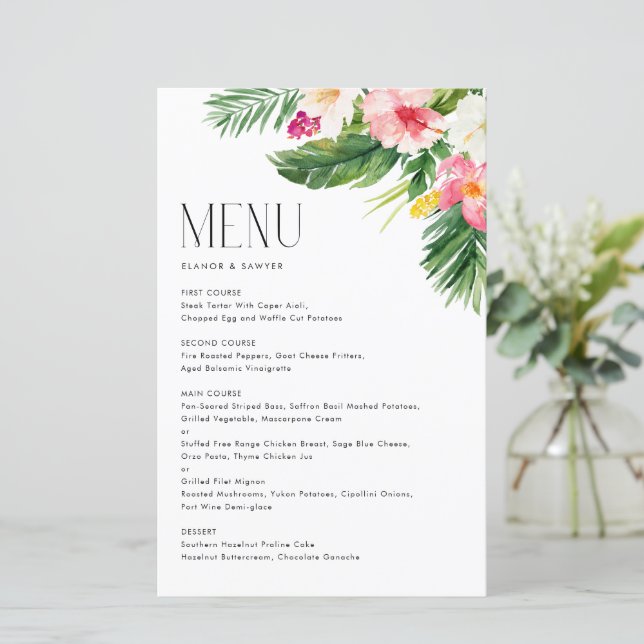 Tropical Flowers and Greenery Summer Menu Card (Standing Front)