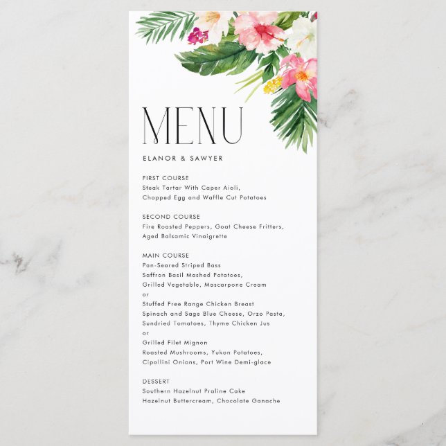 Tropical Flowers and Greenery Summer Wedding Menu (Front)