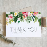 Tropical Flowers and Greenery Summer Wedding Thank You Card<br><div class="desc">Send thanks with this customisable wedding thank you card. It features a watercolour garland of plumeria,  hibiscus,  palm leaves,  and other tropical greenery and flowers. Personalise by adding your details. This tropical thank you card is perfect for summer weddings,  baby showers,  graduations,  birthdays,  and more. Matching items are available.</div>