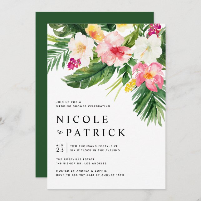 Tropical Flowers and Greenery Wedding Shower Invitation (Front/Back)