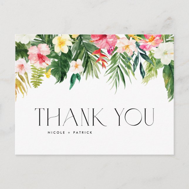 Tropical Flowers and Greenery Wedding Thank You Postcard (Front)