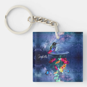 Tropical flowers and hummingbird Acrylic Keychain