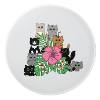 Tropical Flowers and Kawaii Cats Ceramic Knob