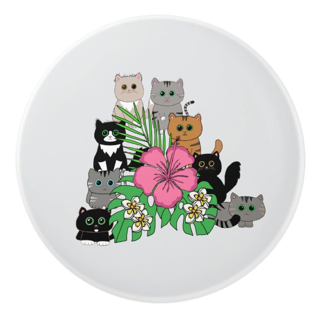 Tropical Flowers and Kawaii Cats Ceramic Knob (Front)