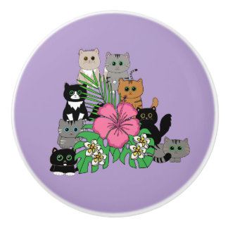 Tropical Flowers and kawaii Cats Ceramic Knob
