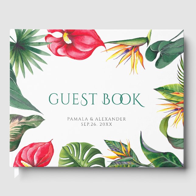 Tropical Flowers and Leaves Elegant Wedding Guest Book (Front)