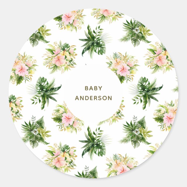 Tropical Flowers and Leaves Jungle Baby Shower Classic Round Sticker (Front)