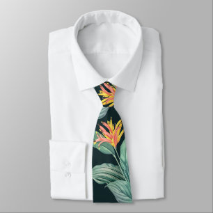 Tropical Flowers and Leaves on Dark Teal Green Tie