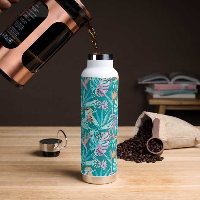 Tropical flowers and leaves pattern water bottle (Coffee)